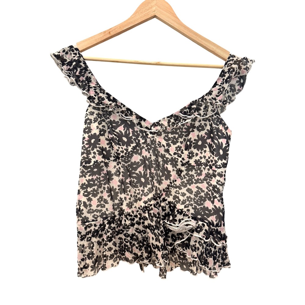 Banana Republic Silk Floral Ruffle Peplum Top Black Pink Daisy Y2K Size 8 Fairy